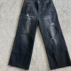 Black Flare Wide Leg Jeans with Distressed Details